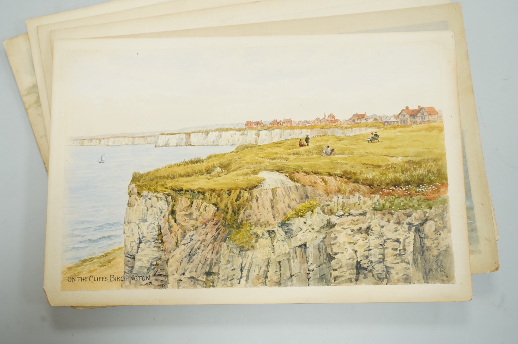 Alfred Robert Quinton (1853-1934), Set of six original watercolours for postcard designs, Kent coastal views to include: On the Cliffs, Birchington, Walmer Castle, Promenade and Cliffs, Cliftonville and The Harbour, Whit